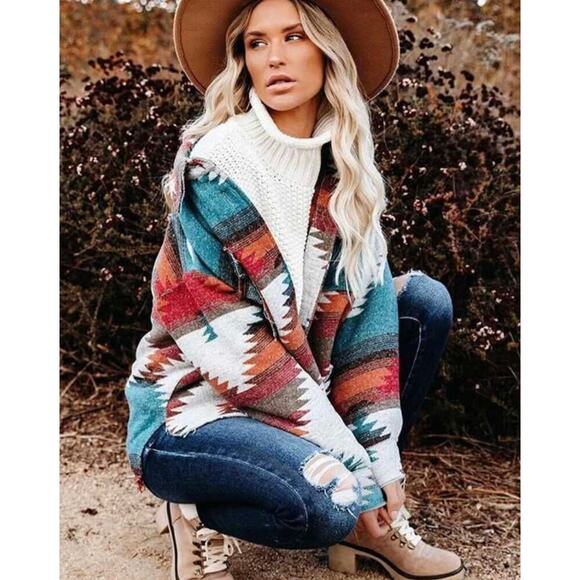 La Miel Womens Jacket Small Southwest Aztec Oversized Button Down Lightweight - Picture 7 of 16